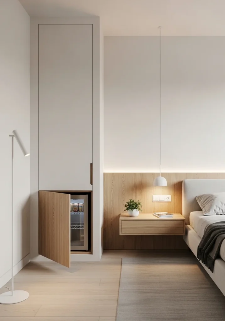mini fridge hidden inside built in cabinet bedroom design