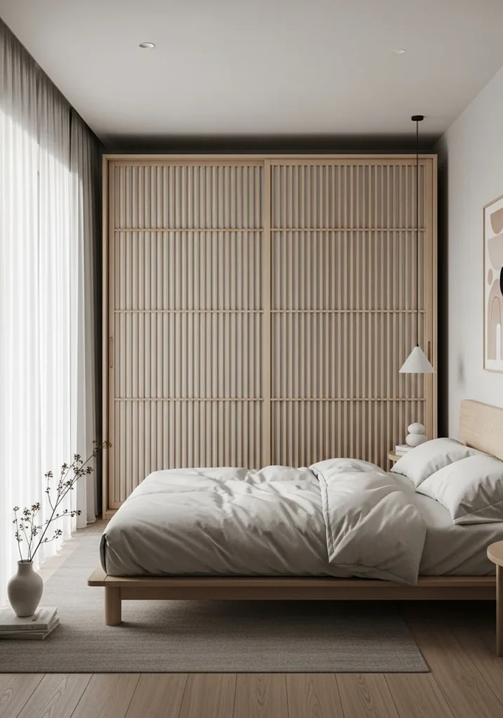 Japandi bedroom featuring sliding wooden panels for a clean, uninterrupted look.