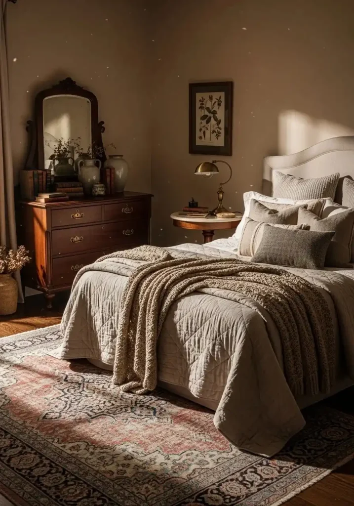 vintage rug antique bedroom warm layered design