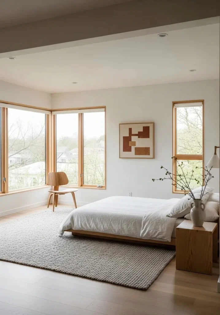 Japandi bedroom with open floor space and low-profile rugs maintaining a serene atmosphere.