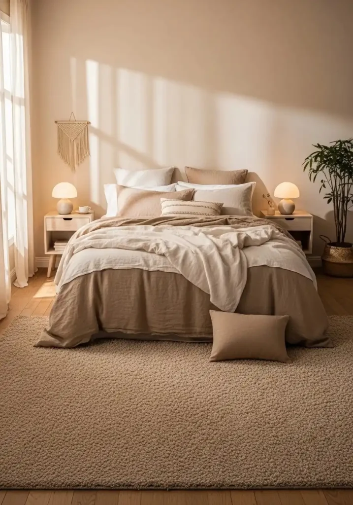 Neutral bedroom with layered textures for a calm cozy space