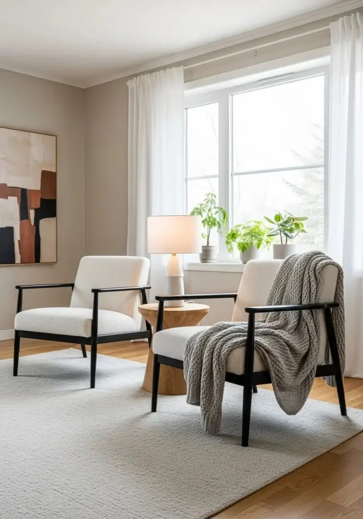 Black-framed chairs with neutral cushions and cozy throw, creating structured yet inviting seating in a living room