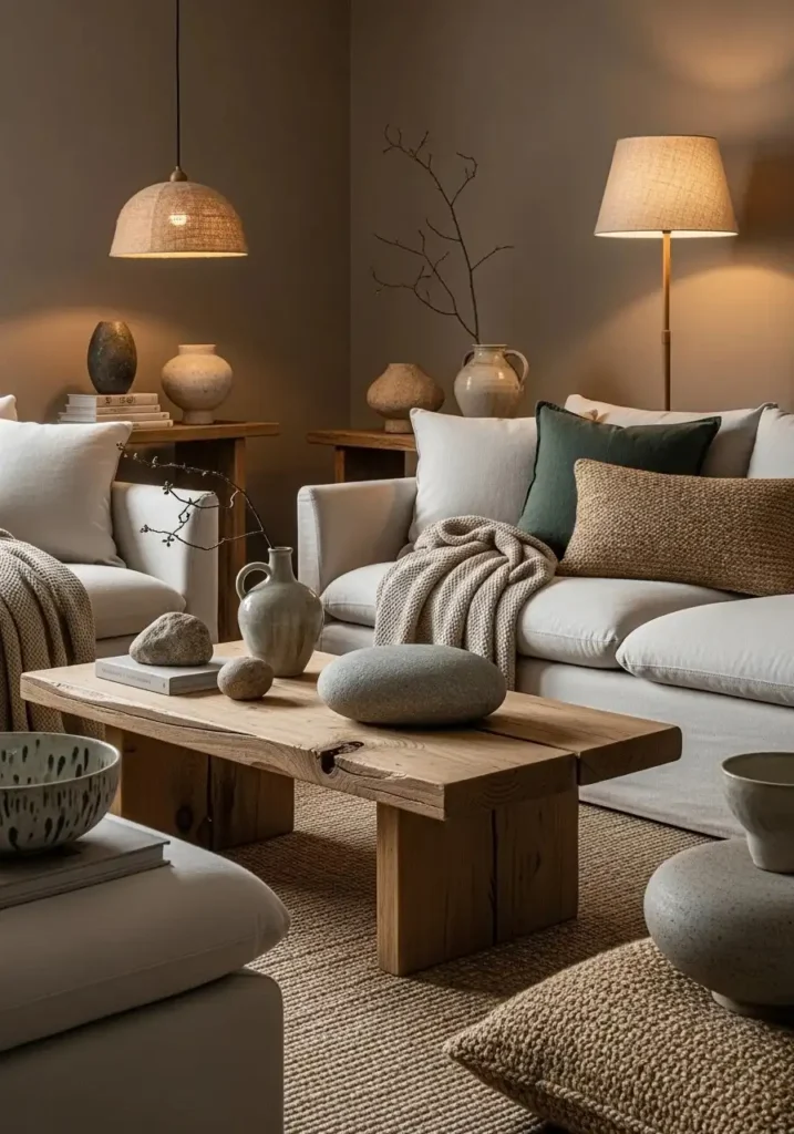 living room with natural raw materials like wood, linen, stone, and ceramics