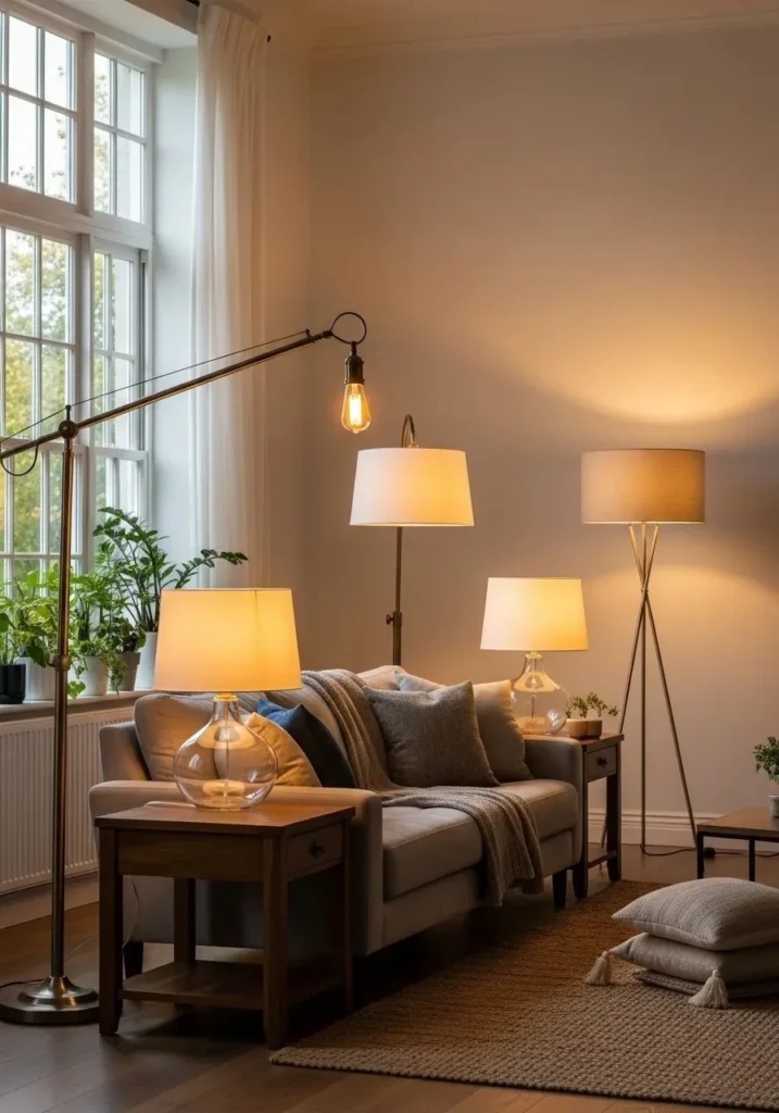 Japandi living room with warm lighting from table and floor lamps.