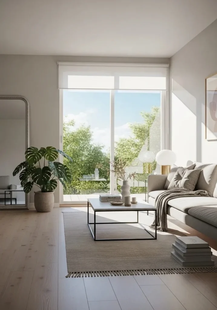 Japandi living room with abundant natural light and reflective surfaces.