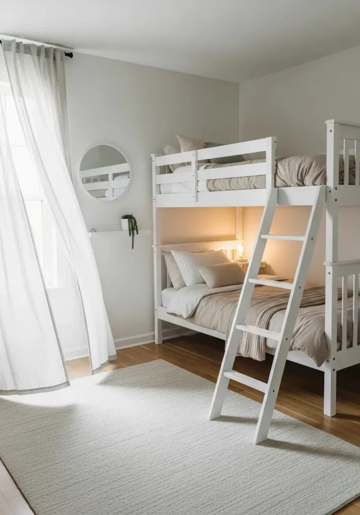 minimal white bunk bed creating a clean and calming bedroom look