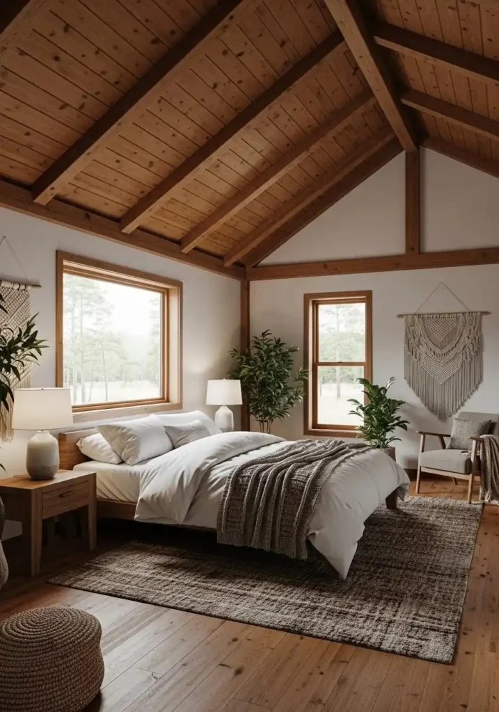 wood ceiling vaulted bedroom warm cozy design