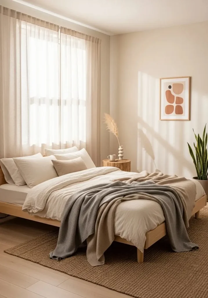 Japandi bedroom featuring natural fiber bedding in a serene neutral color scheme