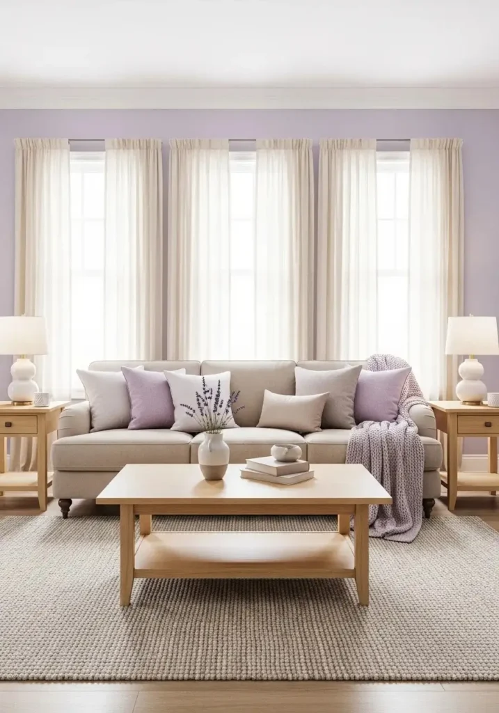 Lavender and beige living room with soft textiles and calming charm.