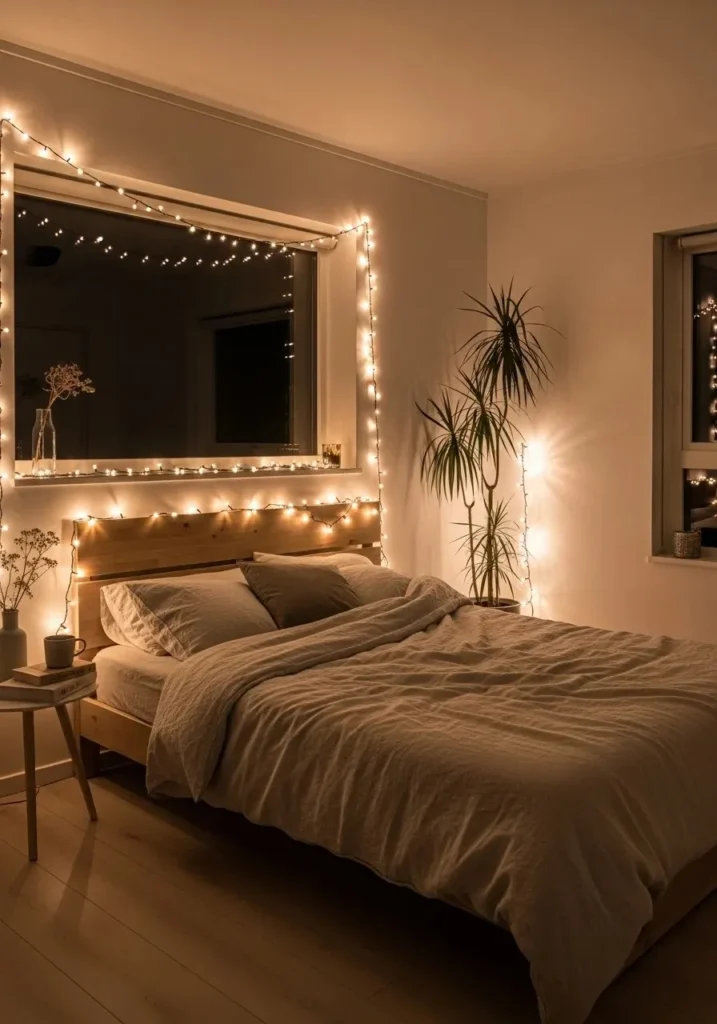 Thoughtfully placed string lights creating balanced and cozy bedroom lighting