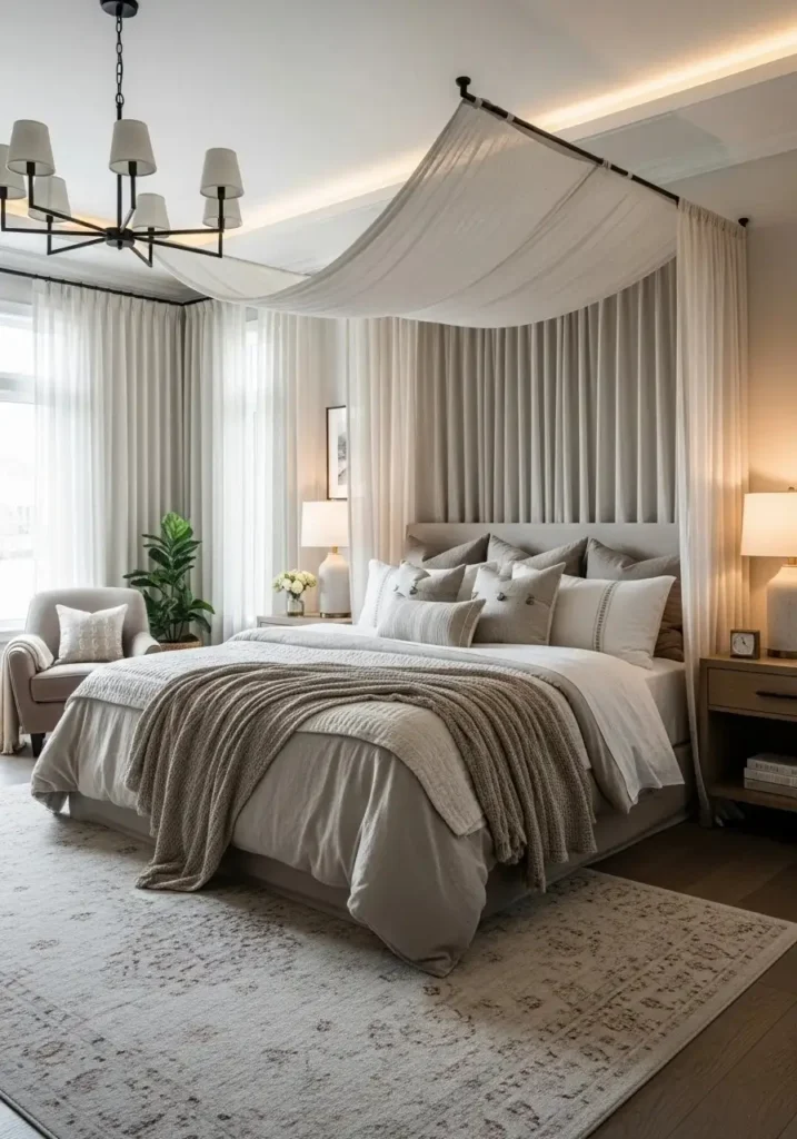 Layered neutral canopy bed with cream and taupe fabrics for a cozy, inviting bedroom.