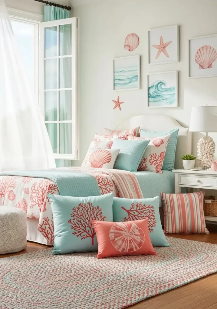 Coastal bedroom with pastel coral and aqua accents through cushions, rugs, and decor for a playful and bright atmosphere