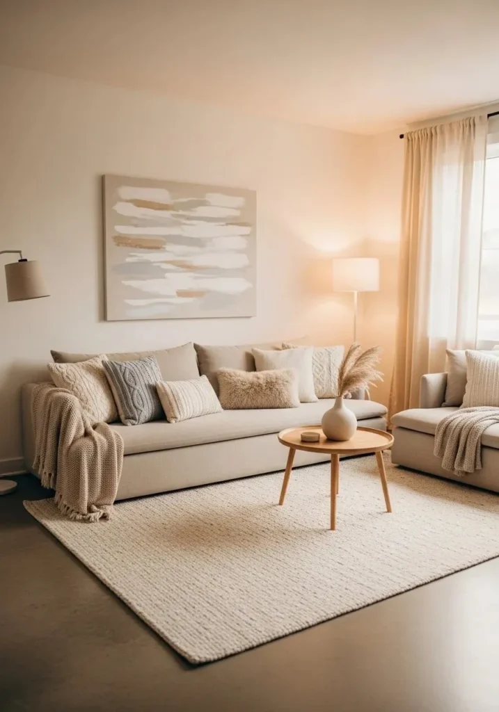 Soft neutral color palette in a Japanese-inspired living room creating calm atmosphere