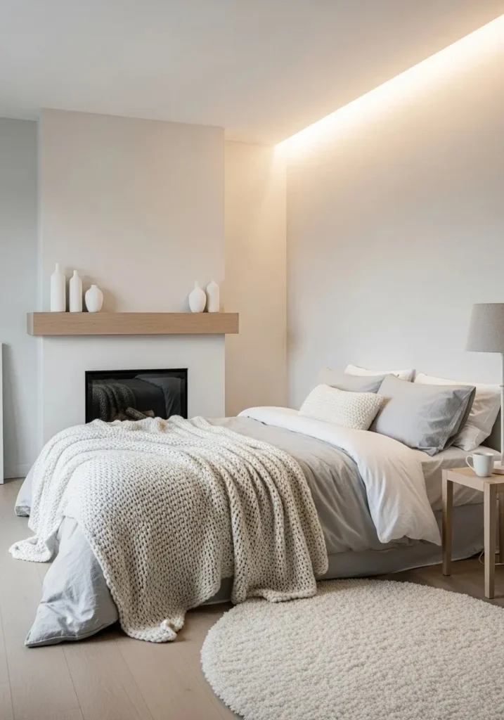 Scandinavian style fireplace in minimalist cozy bedroom