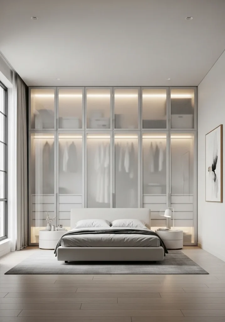 Frosted glass wardrobe panels adding elegance and lightness to the bedroom