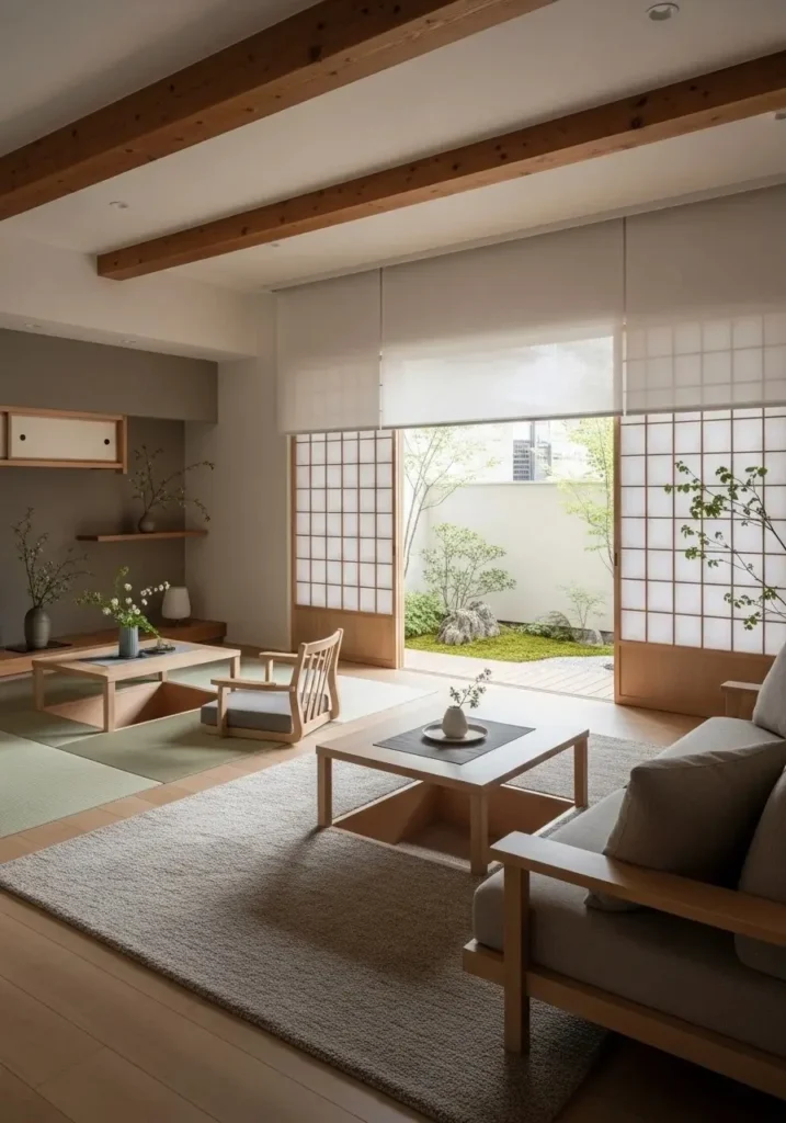 Open layout Japanese living room with intentional spacing and minimal design