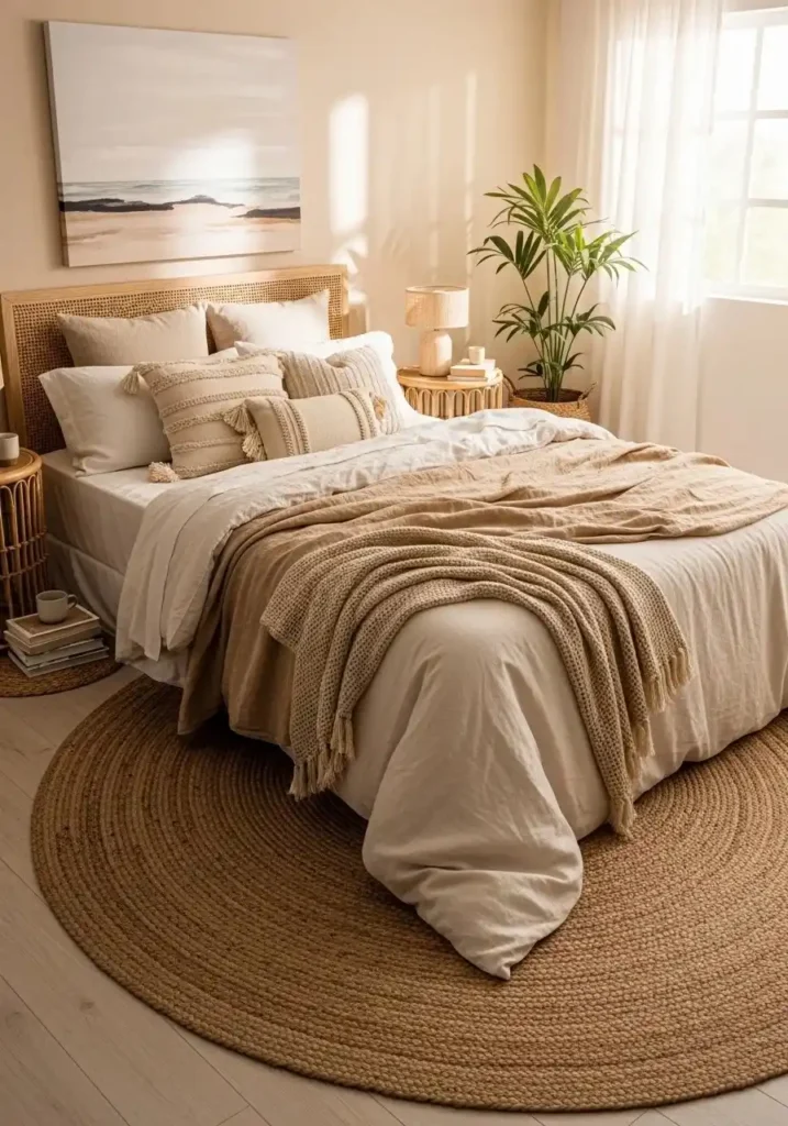 boho coastal bedroom bedding with layered linen sheets and relaxed neutral textures