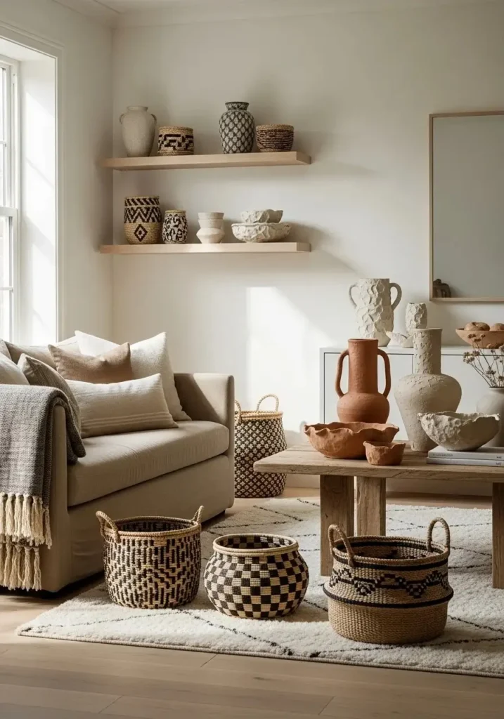 wabi sabi living room with handmade decor like pottery and woven baskets