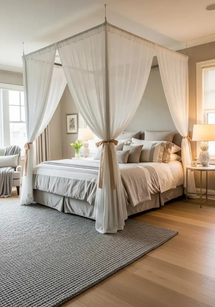 Romantic canopy bed with flowing sheer drapes tied with ribbons in a dreamy bedroom.