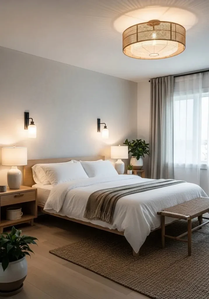 Japandi bedroom with layered low lighting creating a cozy and calm ambiance.