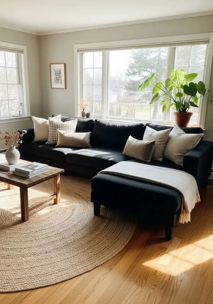 Black sectional layered with textured throws and cushions, creating a cozy and stylish living space