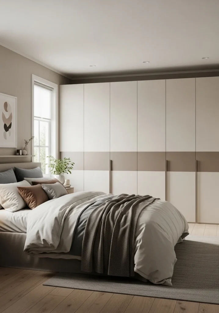 Soft neutral wardrobe finishes in beige and warm white creating a calm bedroom aesthetic