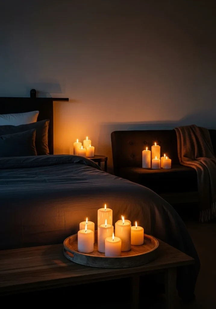 Bedroom corner featuring clustered candles providing soft warm lighting for a cozy Halloween atmosphere