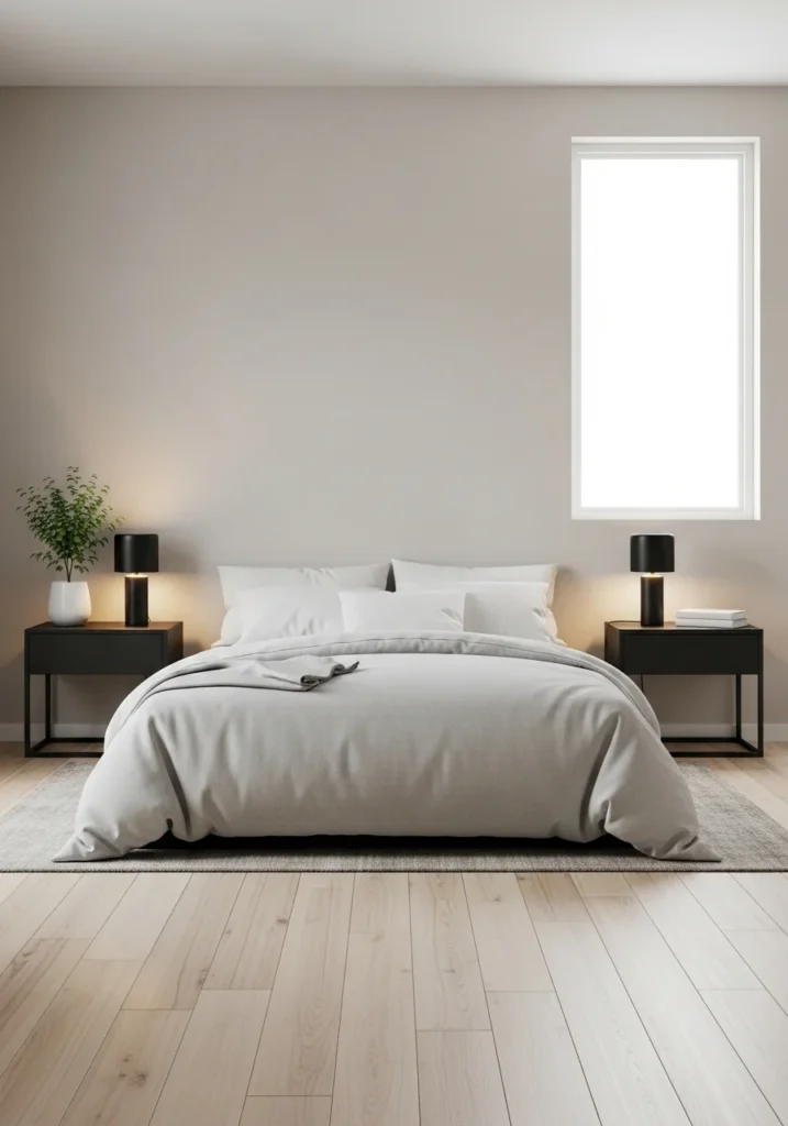 black dresser against white wall, mirror above, gold handles, bright modern bedroom contrast design