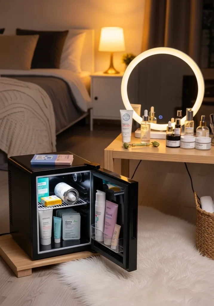 mini fridge self care station bedroom setup aesthetic