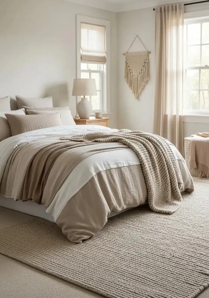 Elegant bedroom in soft neutral shades with layered bedding and textured rug for a cozy, serene look.