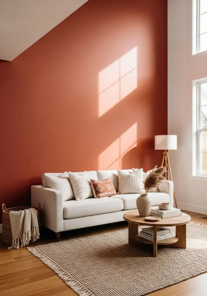 Terracotta and cream living room with warm, earthy accents.