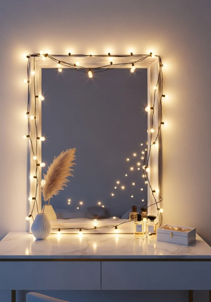 Mirror framed with string lights creating a warm glowing vanity space