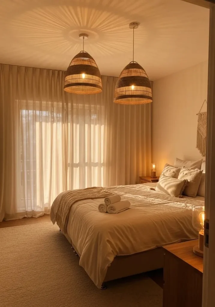 boho coastal bedroom with soft lighting and sheer curtains creating a warm relaxing glow