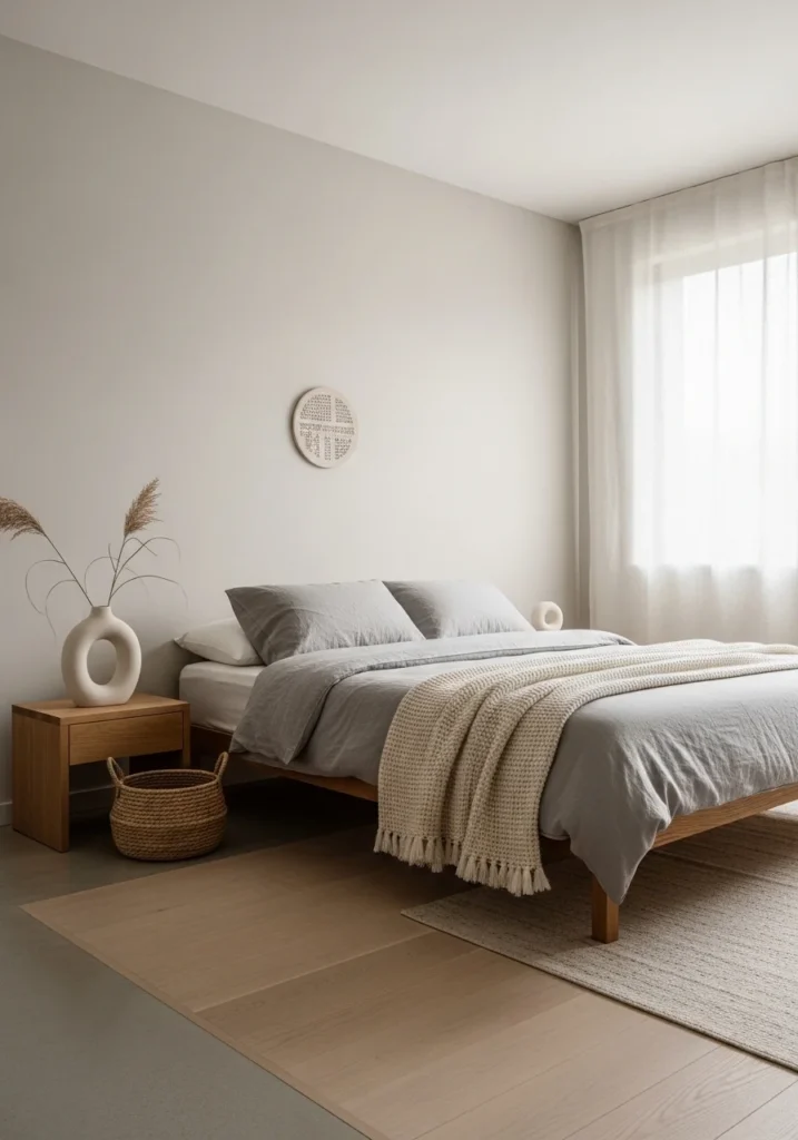 Minimal decorative accents in a Japandi bedroom for intentional simplicity.
