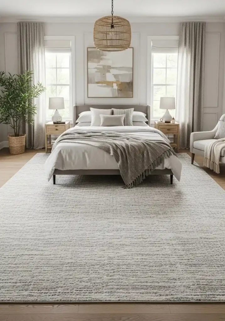 Grown woman bedroom with plush area rug for texture, warmth, and visual comfort