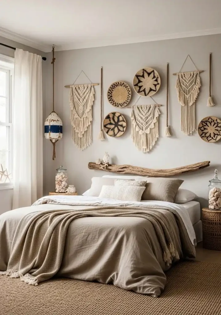 Woven macrame and rope wall accents in a coastal cowgirl bedroom.
