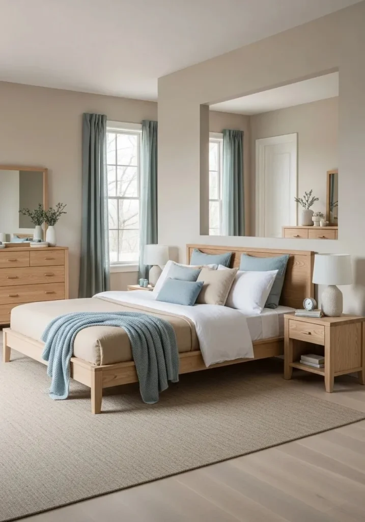 boho coastal bedroom mixing warm neutrals and soft blue tones for balanced look