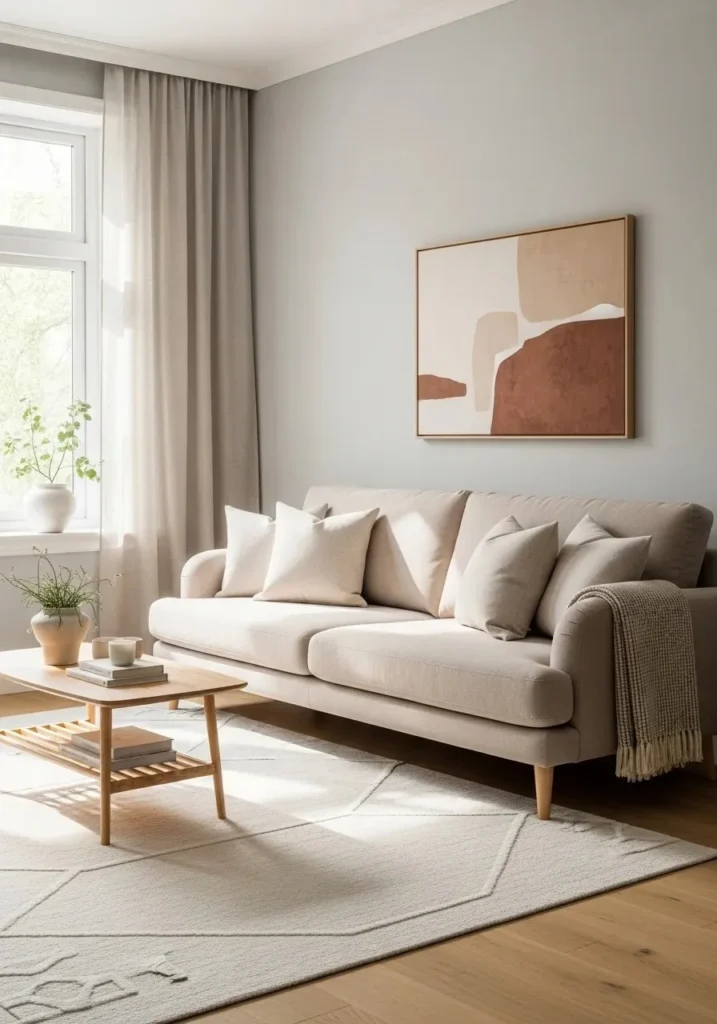Japandi living room with a neutral sofa as the central piece.