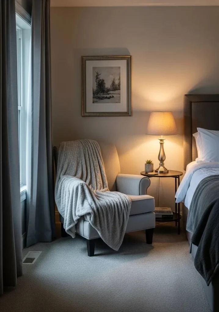 Cozy bedroom corner with chair and warm lighting for relaxation