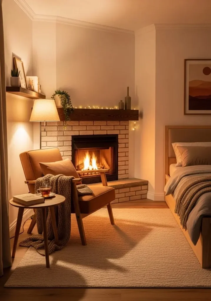 Corner fireplace in small bedroom space-saving design