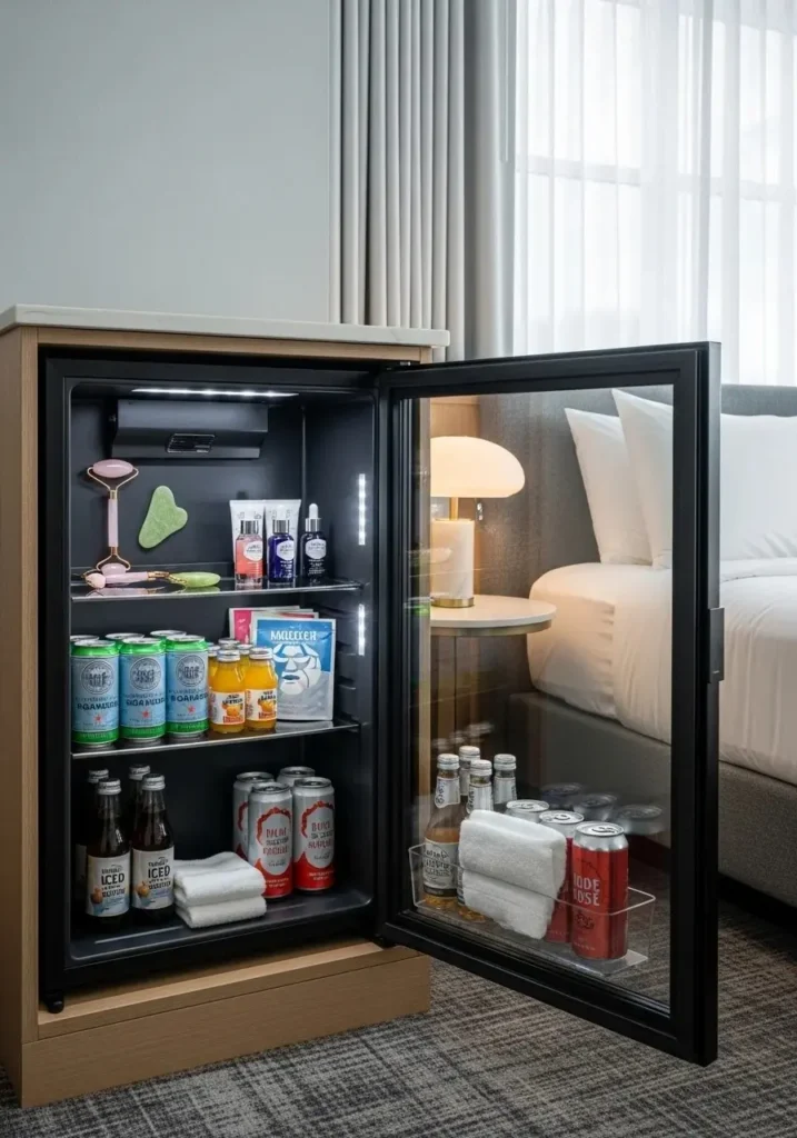 glass door mini fridge aesthetic bedroom setup