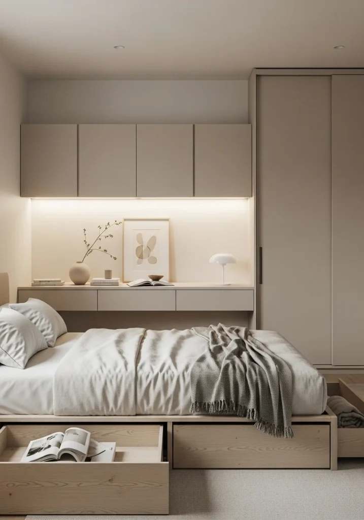 Clean Japandi bedroom with streamlined furniture and hidden storage solutions.