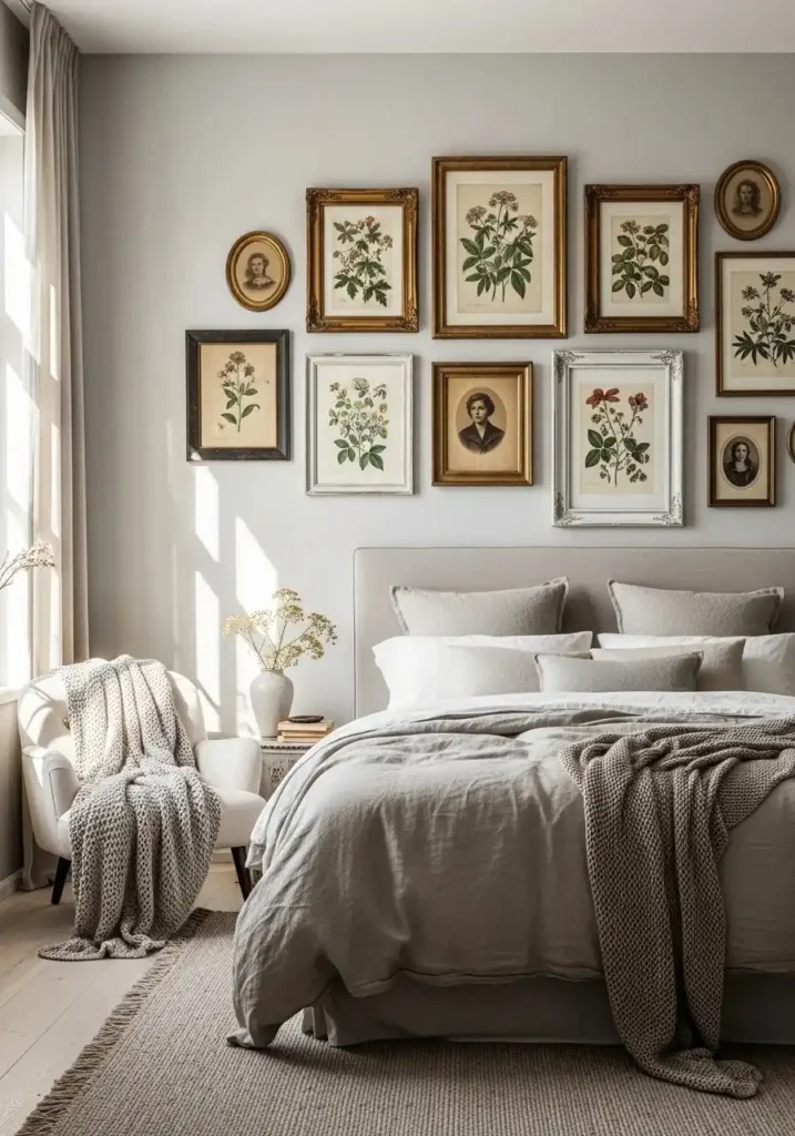 antique frames artwork gallery wall bedroom decor