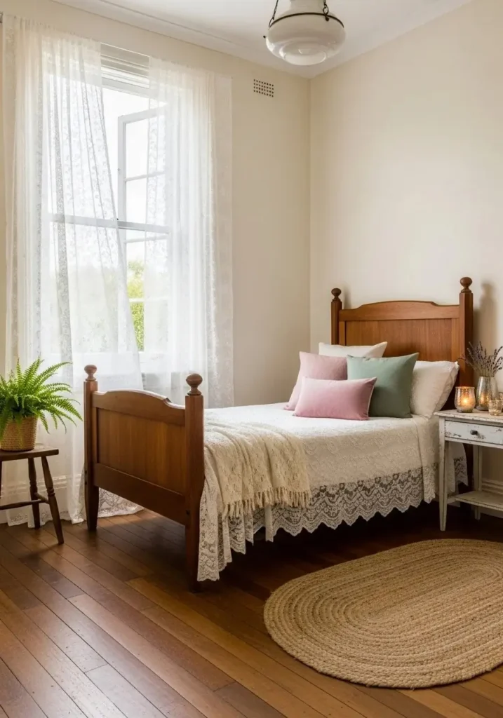 Sunlit cottage bedroom with delicate lace curtains, cream walls, and wooden furniture creating an airy romantic atmosphere.