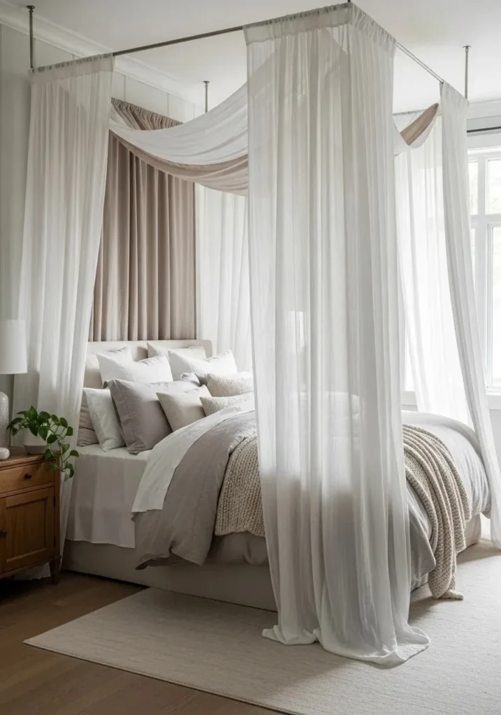 Bedroom with a floor-to-ceiling draped canopy bed creating a romantic, cozy retreat.