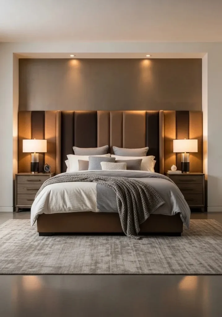 Urban bronze bedroom with statement headboard in warm tones