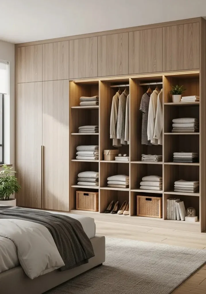 Wardrobe with open shelving and closed storage for a balanced and organized bedroom look