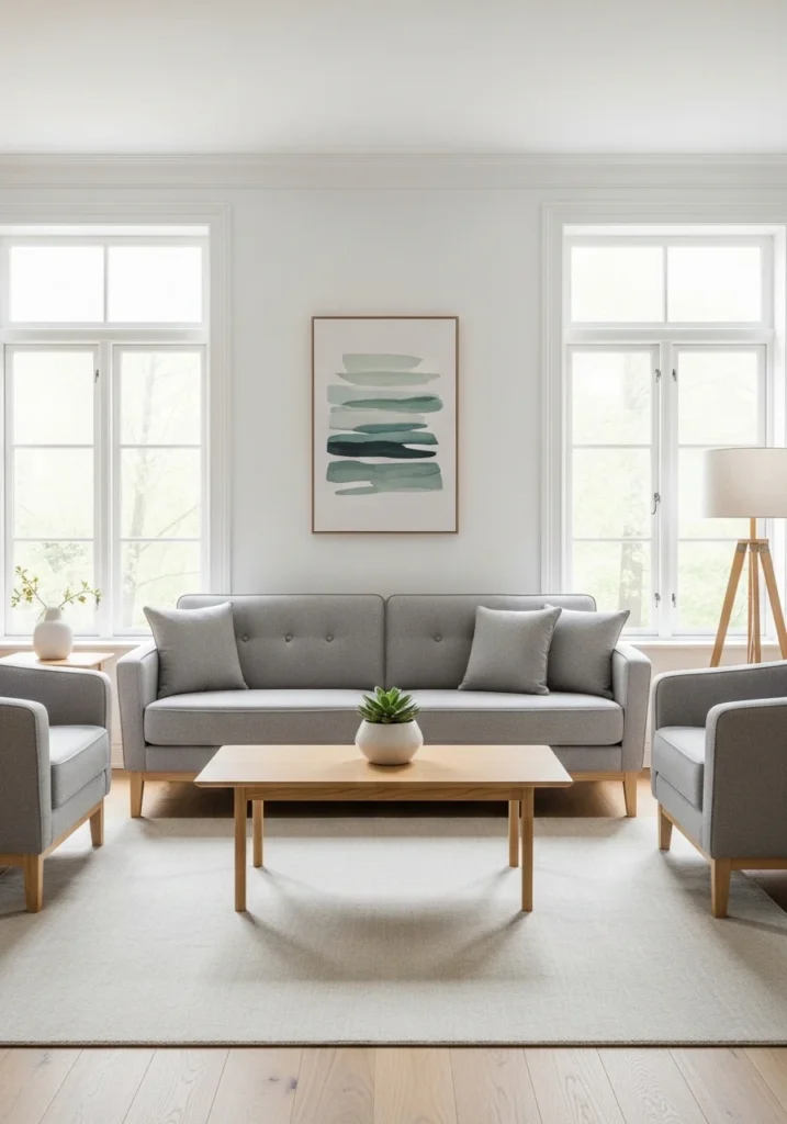 Japandi living room furniture with clean lines and minimalist shapes.