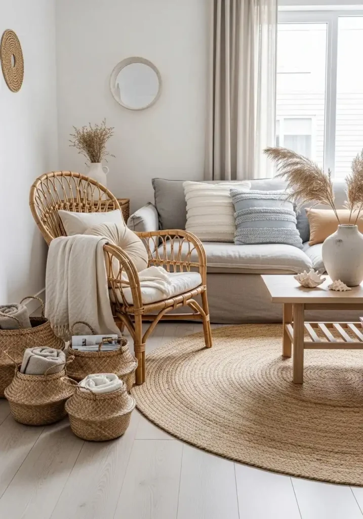 Beach living room with woven textures adding warmth and natural depth