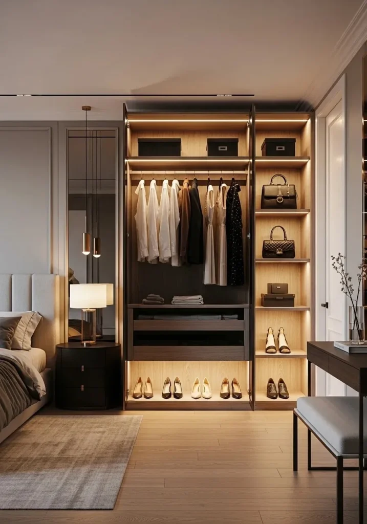 Wardrobe with soft interior lighting for better visibility and a premium feel